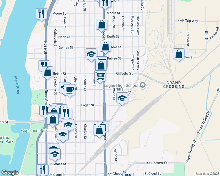 map of restaurants, bars, coffee shops, grocery stores, and more near 1219 Sill Street in La Crosse