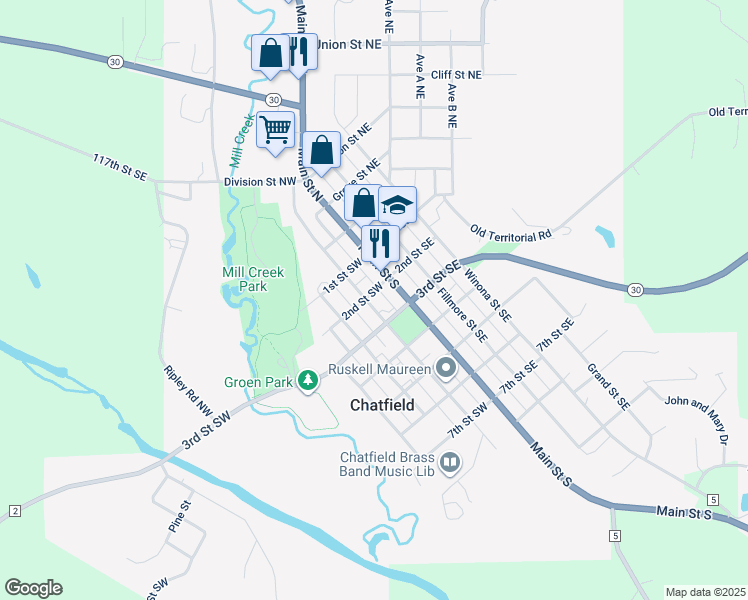 map of restaurants, bars, coffee shops, grocery stores, and more near 24 2nd Street Southwest in Chatfield
