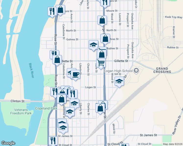 map of restaurants, bars, coffee shops, grocery stores, and more near 1011 Sill Street in La Crosse