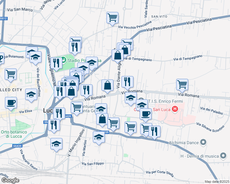 map of restaurants, bars, coffee shops, grocery stores, and more near 489 Via Romana in Lucca