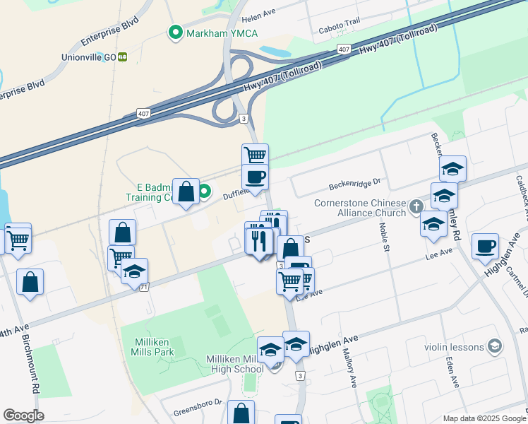 map of restaurants, bars, coffee shops, grocery stores, and more near in Markham