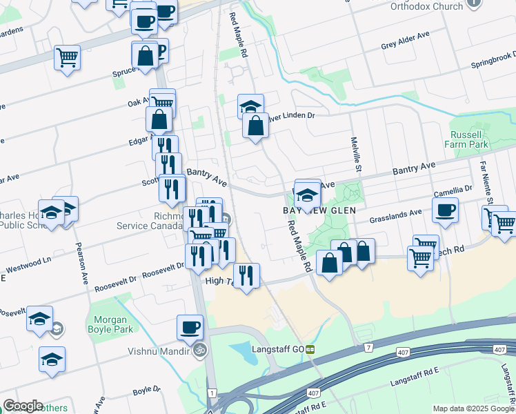 map of restaurants, bars, coffee shops, grocery stores, and more near 75 Oneida Crescent in Richmond Hill