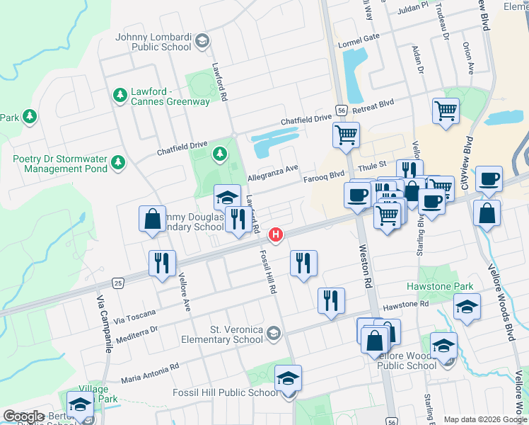 map of restaurants, bars, coffee shops, grocery stores, and more near 25 Sandwell Street in Vaughan