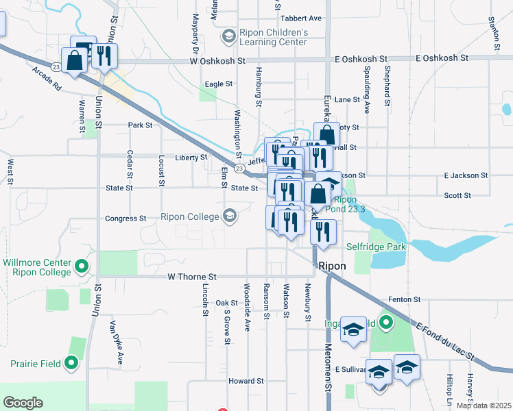 map of restaurants, bars, coffee shops, grocery stores, and more near 220 Ransom Street in Ripon