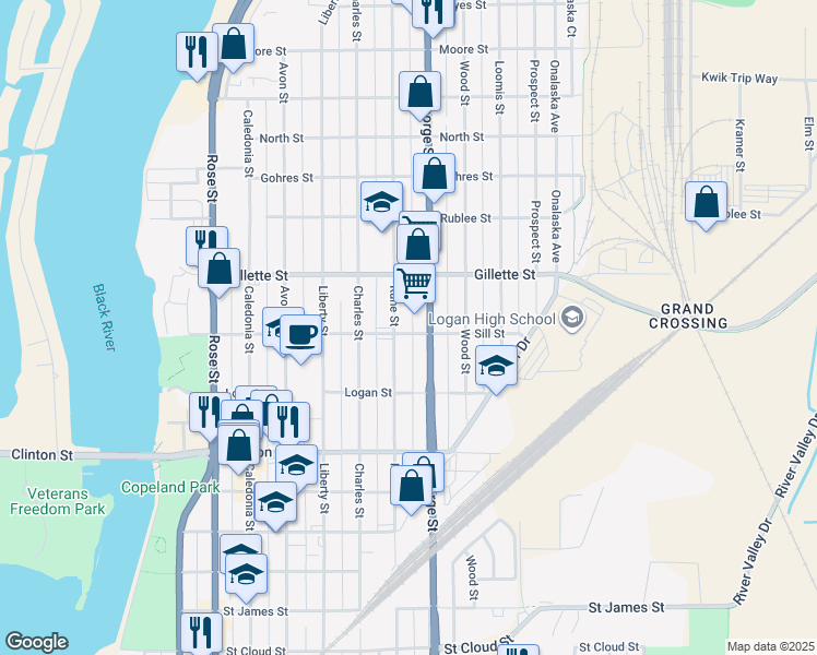 map of restaurants, bars, coffee shops, grocery stores, and more near 1115 Sill Street in La Crosse