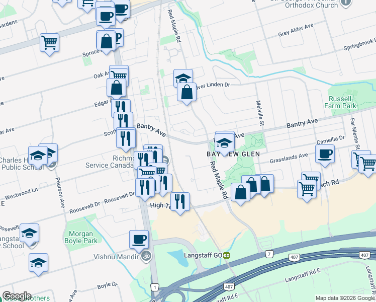 map of restaurants, bars, coffee shops, grocery stores, and more near 75 Oneida Crescent in Richmond Hill