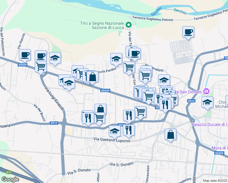 map of restaurants, bars, coffee shops, grocery stores, and more near 662 Viale G. Puccini in Lucca