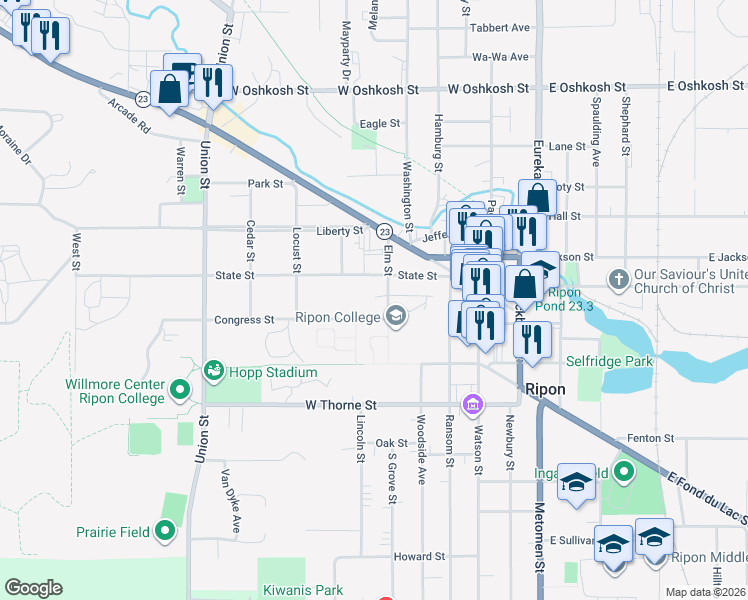map of restaurants, bars, coffee shops, grocery stores, and more near 220 Elm St in Ripon