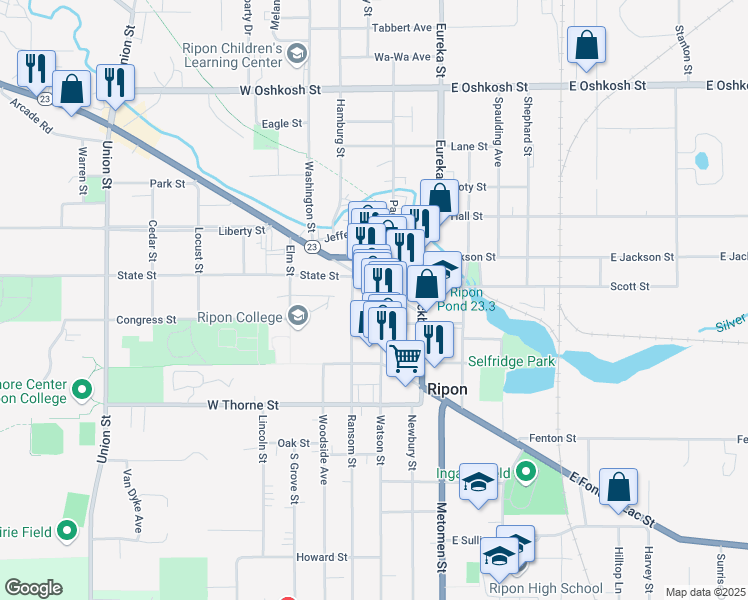 map of restaurants, bars, coffee shops, grocery stores, and more near 210 Watson Street in Ripon