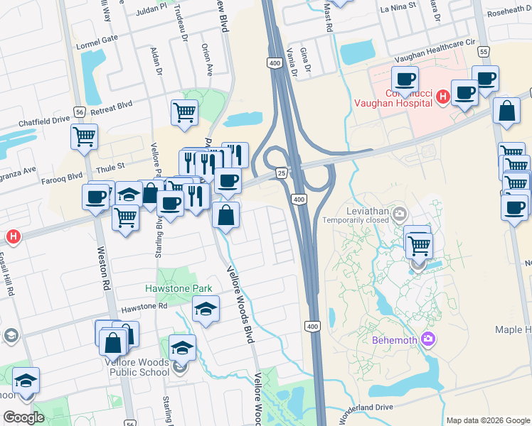 map of restaurants, bars, coffee shops, grocery stores, and more near 14 Pageant Avenue in Vaughan