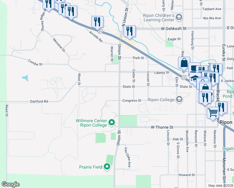 map of restaurants, bars, coffee shops, grocery stores, and more near 220 Union St in Ripon