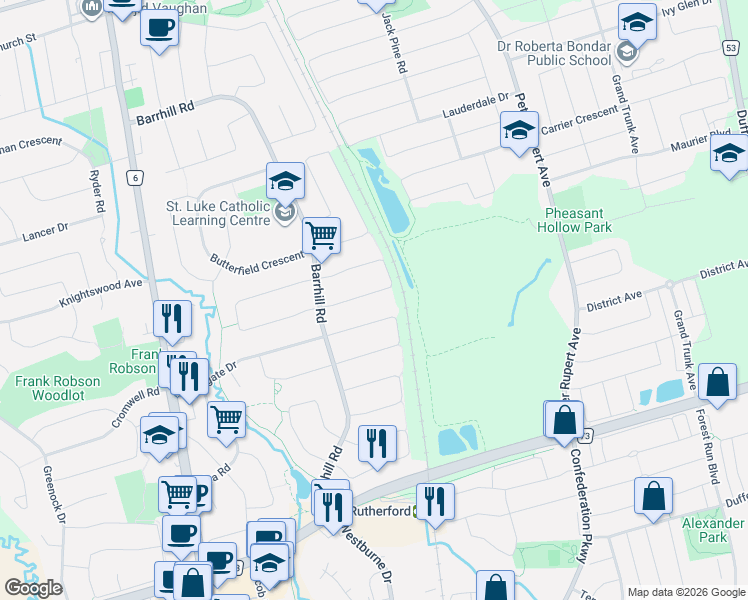 map of restaurants, bars, coffee shops, grocery stores, and more near 59 Foxhill Drive in Vaughan