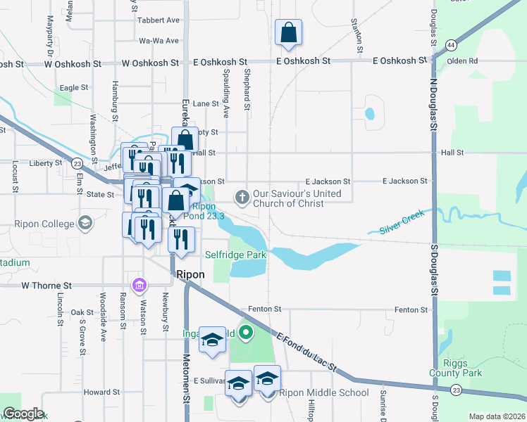 map of restaurants, bars, coffee shops, grocery stores, and more near 417 Scott Street in Ripon