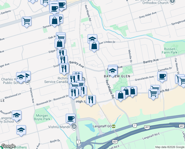 map of restaurants, bars, coffee shops, grocery stores, and more near 85 Oneida Crescent in Richmond Hill