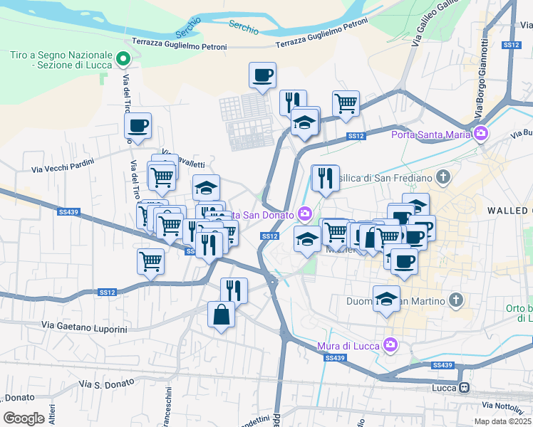 map of restaurants, bars, coffee shops, grocery stores, and more near 40 Via Castruccio Buonamici in Lucca