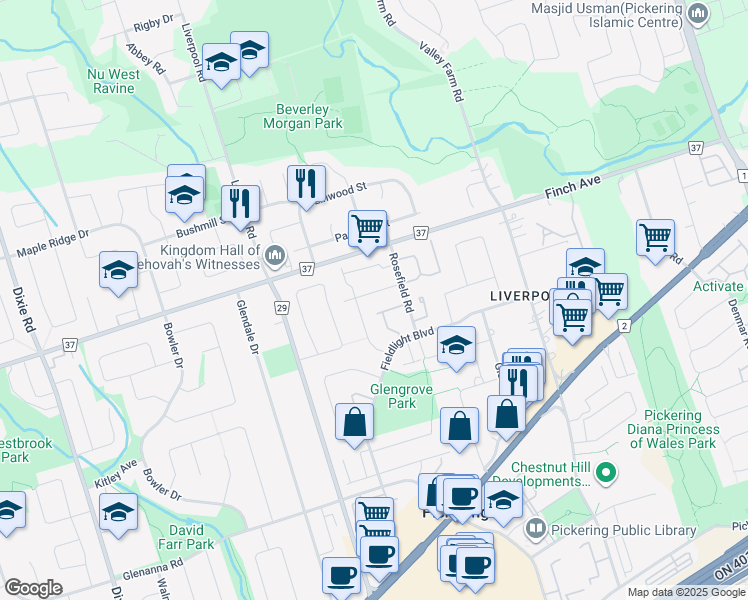 map of restaurants, bars, coffee shops, grocery stores, and more near 1375 Everton Street in Pickering