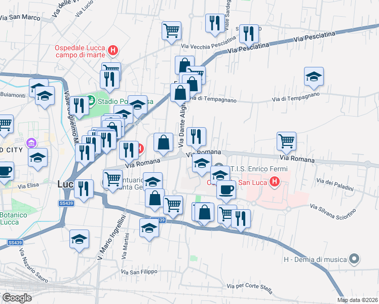 map of restaurants, bars, coffee shops, grocery stores, and more near 591 Via Romana in Lucca