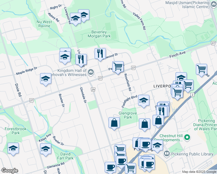 map of restaurants, bars, coffee shops, grocery stores, and more near 1369 Anton Square in Pickering