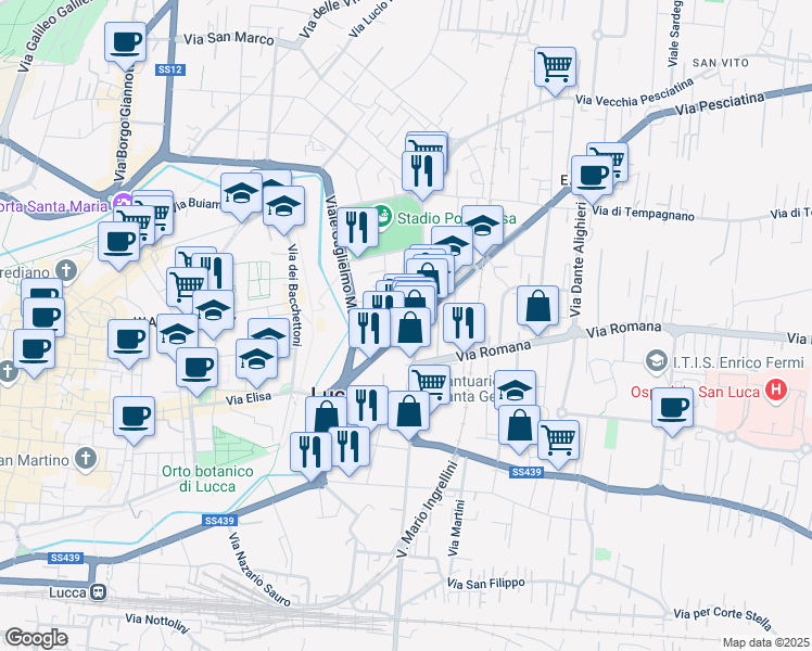 map of restaurants, bars, coffee shops, grocery stores, and more near 21-29 Via di Tiglio in Lucca
