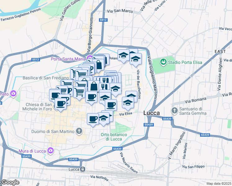 map of restaurants, bars, coffee shops, grocery stores, and more near 33 Via Santa Chiara in Lucca