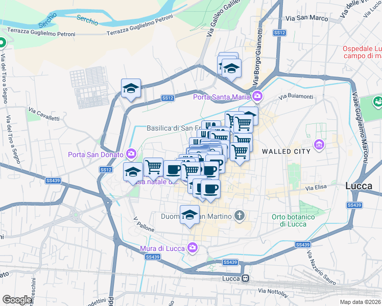 map of restaurants, bars, coffee shops, grocery stores, and more near 54 Via San Giorgio in Lucca
