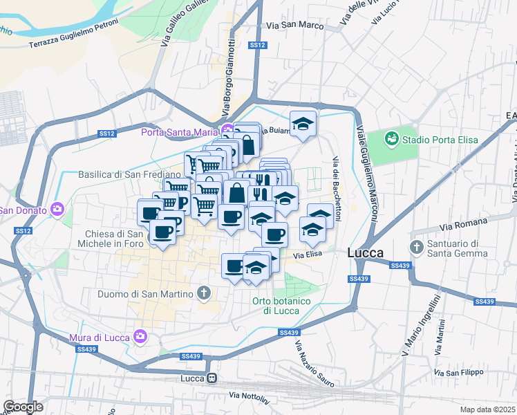 map of restaurants, bars, coffee shops, grocery stores, and more near 26 Via della Fratta in Lucca