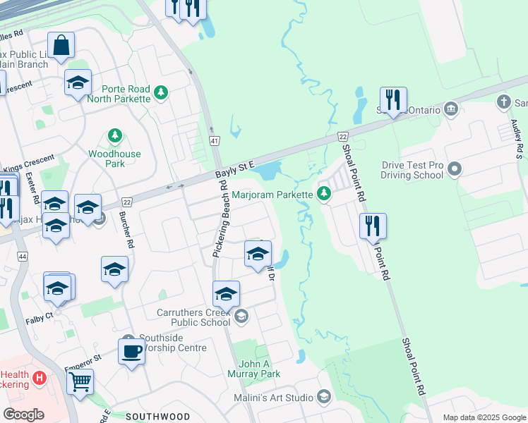 map of restaurants, bars, coffee shops, grocery stores, and more near 172 Angier Crescent in Ajax