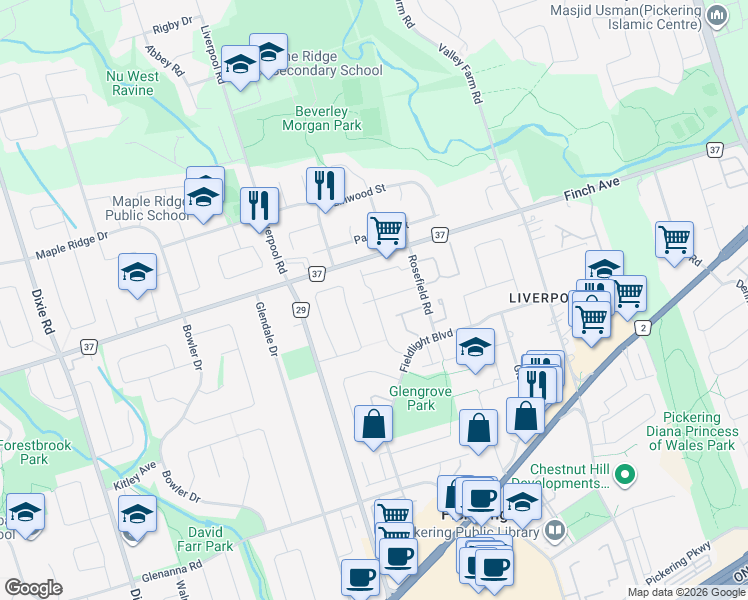 map of restaurants, bars, coffee shops, grocery stores, and more near Memory Lane in Pickering