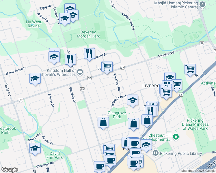 map of restaurants, bars, coffee shops, grocery stores, and more near 1375 Everton Street in Pickering
