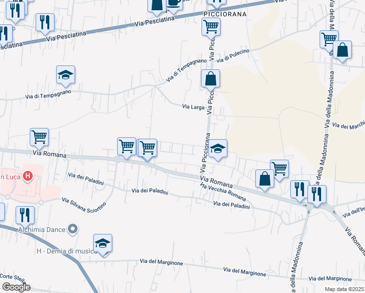 map of restaurants, bars, coffee shops, grocery stores, and more near 140 Traversa I Via di Picciorana in Lucca