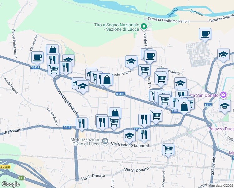 map of restaurants, bars, coffee shops, grocery stores, and more near 777 Viale G. Puccini in Lucca