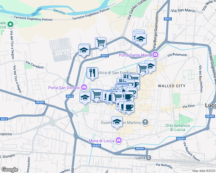 map of restaurants, bars, coffee shops, grocery stores, and more near 61 Via San Giorgio in Lucca