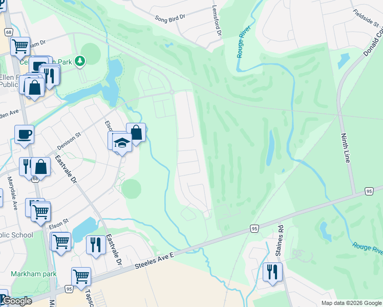 map of restaurants, bars, coffee shops, grocery stores, and more near 90 Titan Trail in Markham