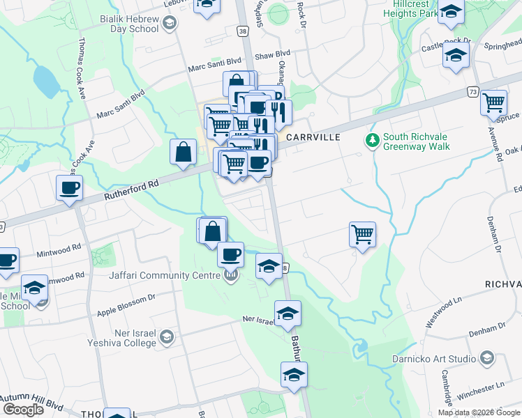 map of restaurants, bars, coffee shops, grocery stores, and more near in Vaughan
