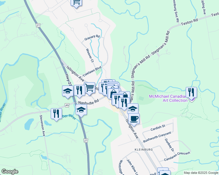 map of restaurants, bars, coffee shops, grocery stores, and more near 22 John Street in Vaughan