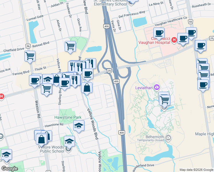 map of restaurants, bars, coffee shops, grocery stores, and more near 26 Carpaccio Avenue in Vaughan