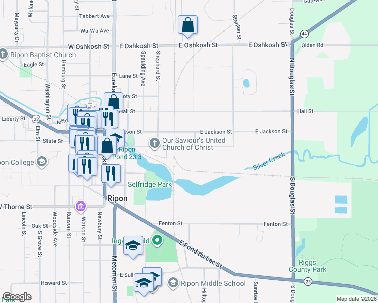map of restaurants, bars, coffee shops, grocery stores, and more near 447 Scott Street in Ripon