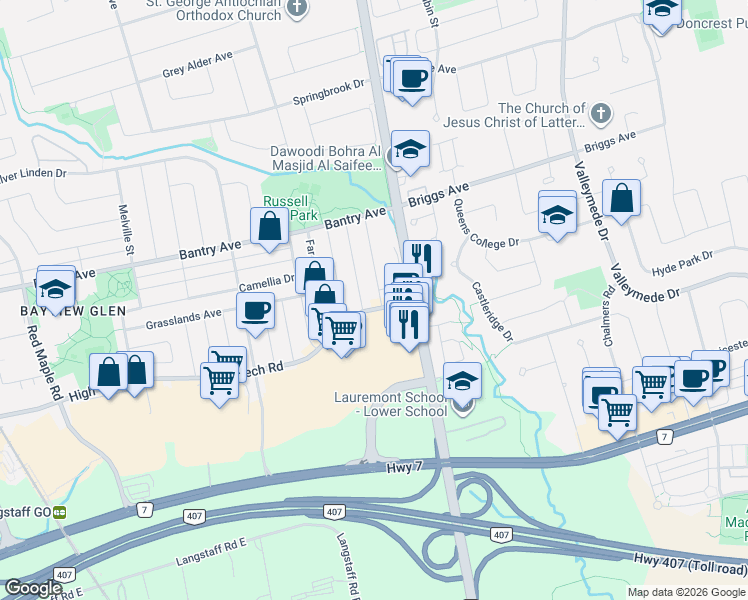map of restaurants, bars, coffee shops, grocery stores, and more near in Richmond Hill