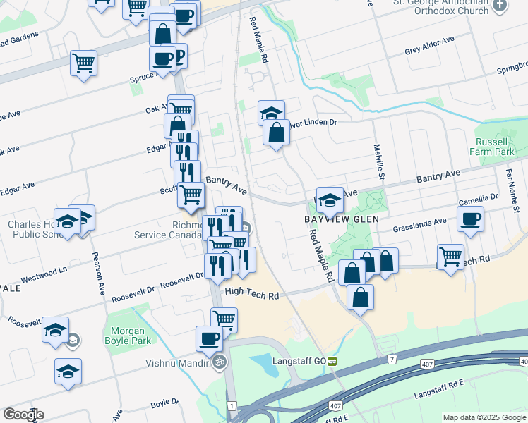 map of restaurants, bars, coffee shops, grocery stores, and more near in Richmond Hill