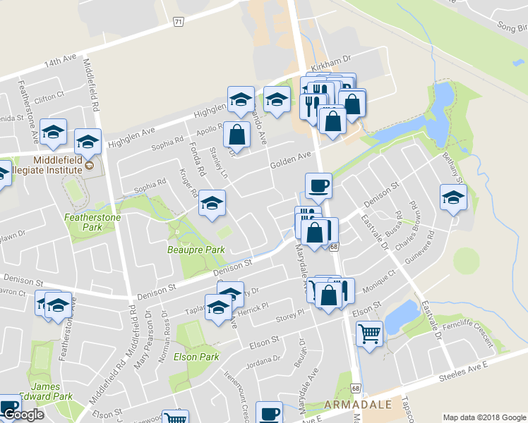 map of restaurants, bars, coffee shops, grocery stores, and more near 46 Coleluke Lane in Markham