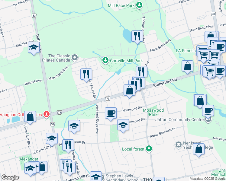 map of restaurants, bars, coffee shops, grocery stores, and more near 208 Wolf Creek Crescent in Vaughan