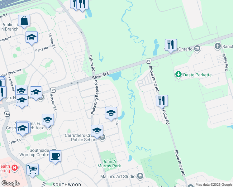 map of restaurants, bars, coffee shops, grocery stores, and more near 45 Angier Crescent in Ajax
