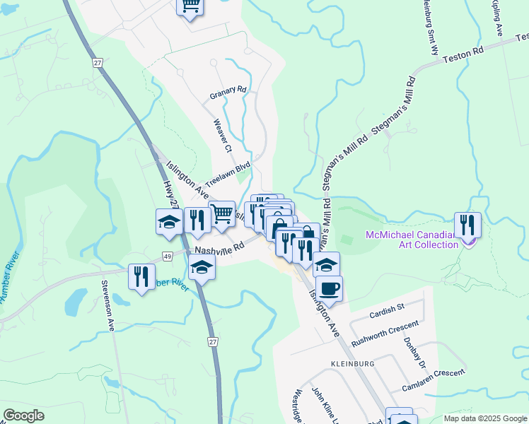map of restaurants, bars, coffee shops, grocery stores, and more near 22 John Street in Vaughan