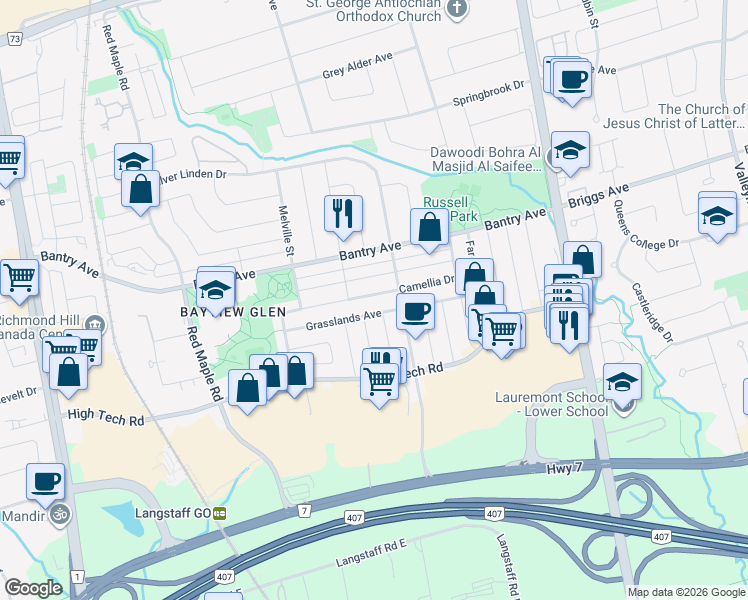 map of restaurants, bars, coffee shops, grocery stores, and more near 143 Nahanni Drive in Richmond Hill