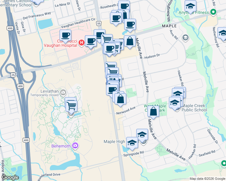map of restaurants, bars, coffee shops, grocery stores, and more near 9699 Jane Street in Vaughan