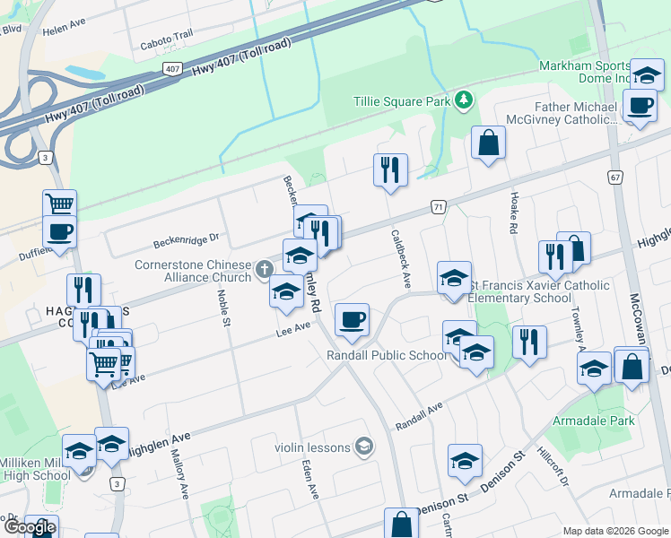 map of restaurants, bars, coffee shops, grocery stores, and more near 72 Springfield Drive in Markham