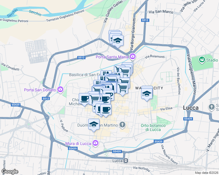 map of restaurants, bars, coffee shops, grocery stores, and more near in Lucca