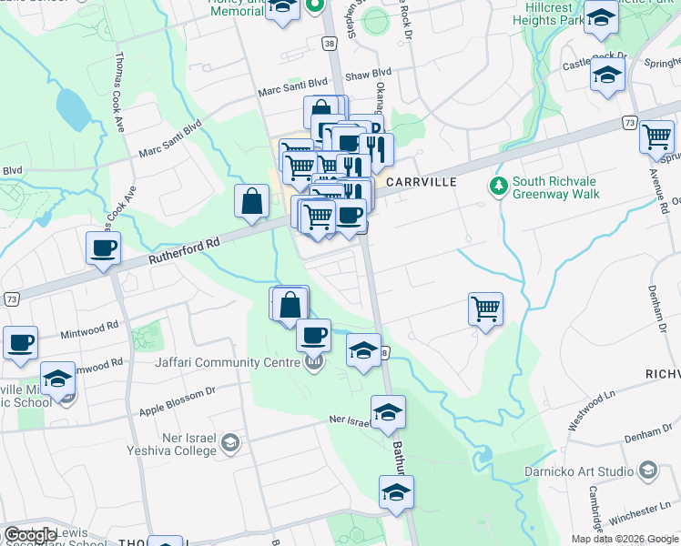 map of restaurants, bars, coffee shops, grocery stores, and more near Allerton Road in Vaughan