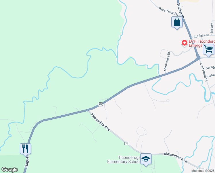 map of restaurants, bars, coffee shops, grocery stores, and more near 847 Route 9N in Ticonderoga