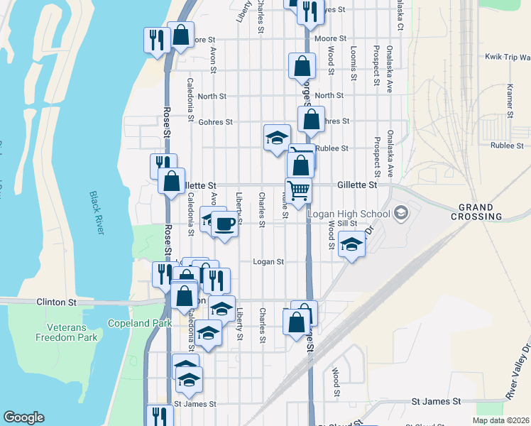 map of restaurants, bars, coffee shops, grocery stores, and more near 1011 Sill Street in La Crosse